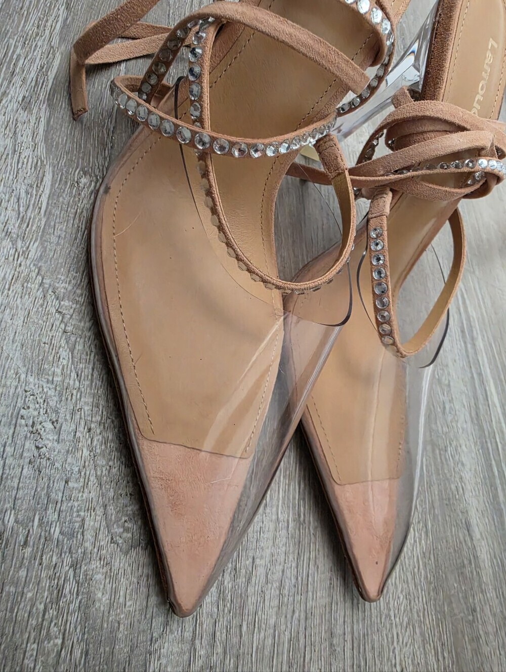 Larroude The Kim Gemstone Lace-Up Pointed Toe Heels in Clear/Tan/Silver Sz 7 - Picture 10 of 11